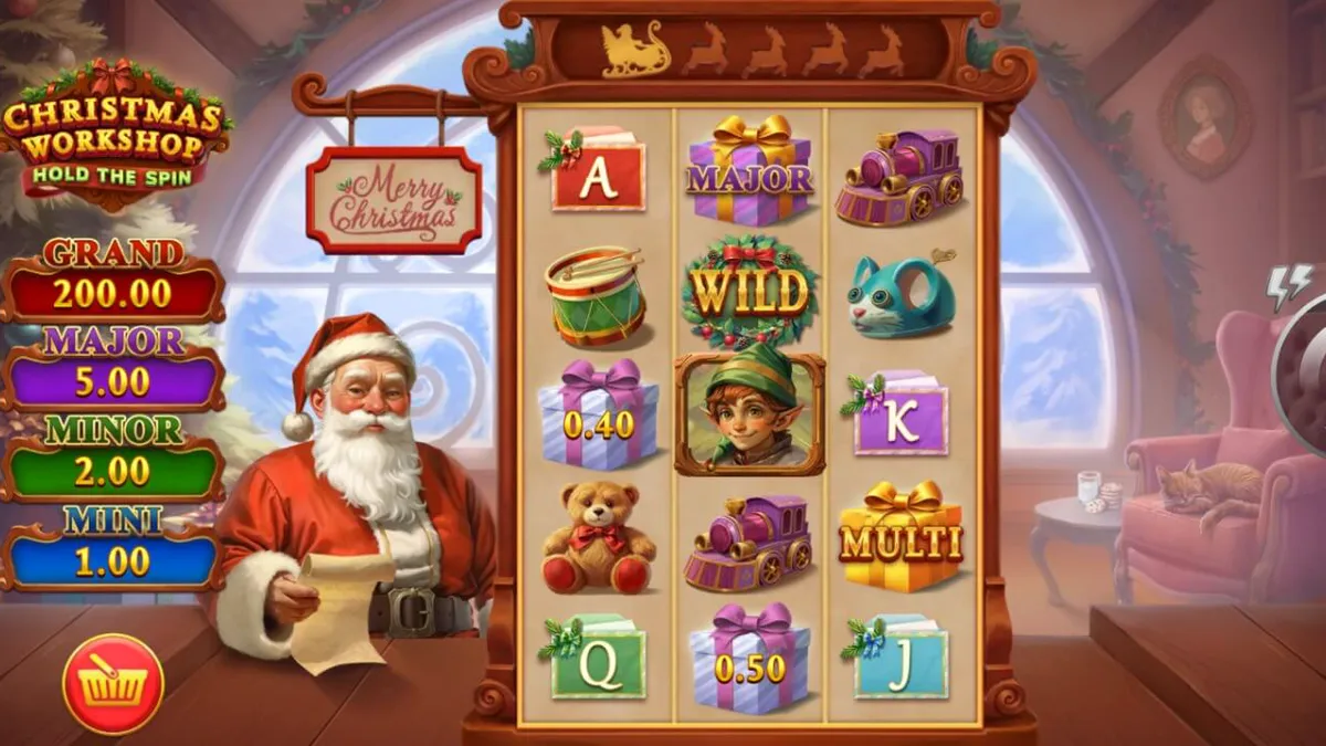 Tampilan visual slot Christmas Workshop: Hold The Spin dengan tema bengkel Santa yang meriah